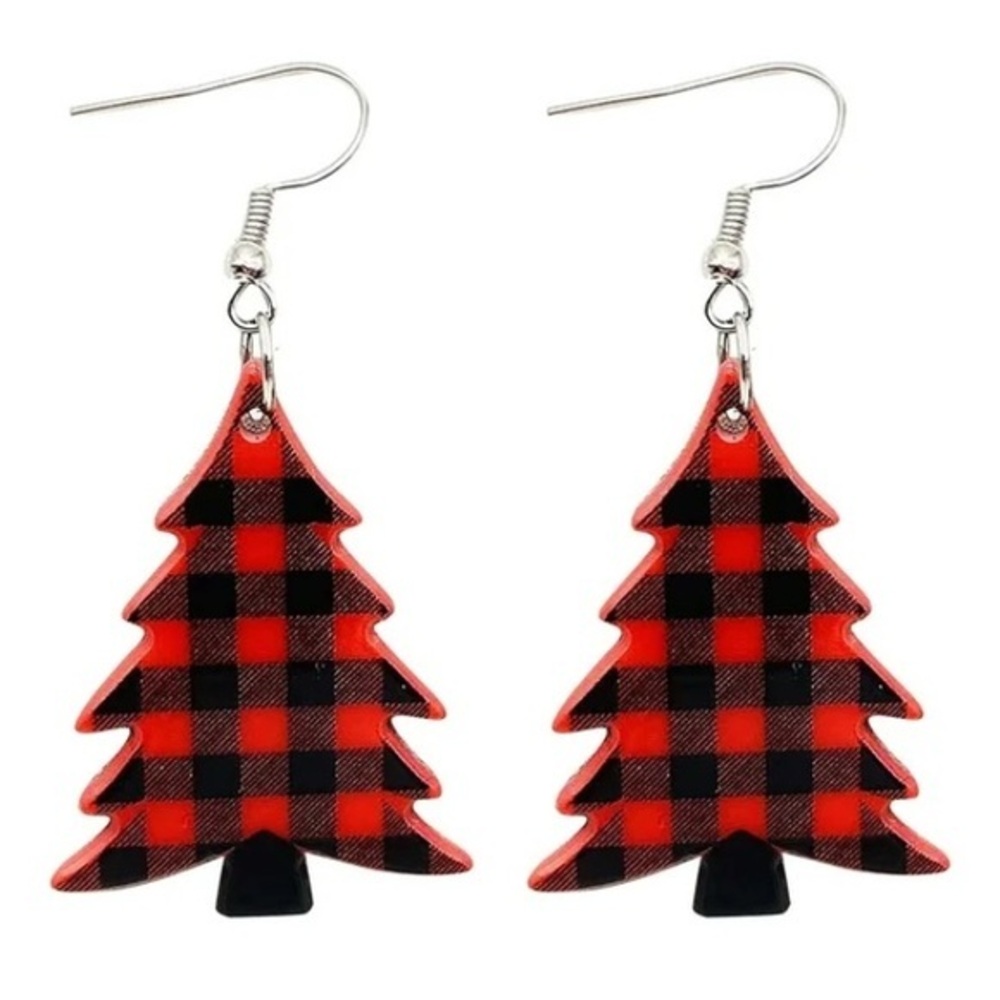 NWT - Red & Black Festive Christmas Tree Acrylic Double Sided Dangle Earrings